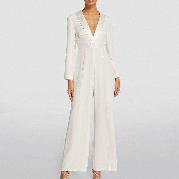 RIXO LONDON Emilia Tuxedo V-neck Silk Jumpsuit In White size medium / US 8 - Picture 1 of 9